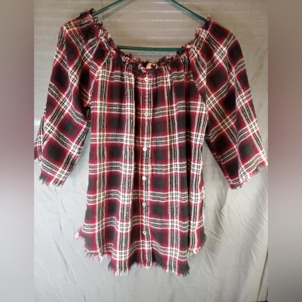 Umgee Plaid Off-Shoulder Women's Top